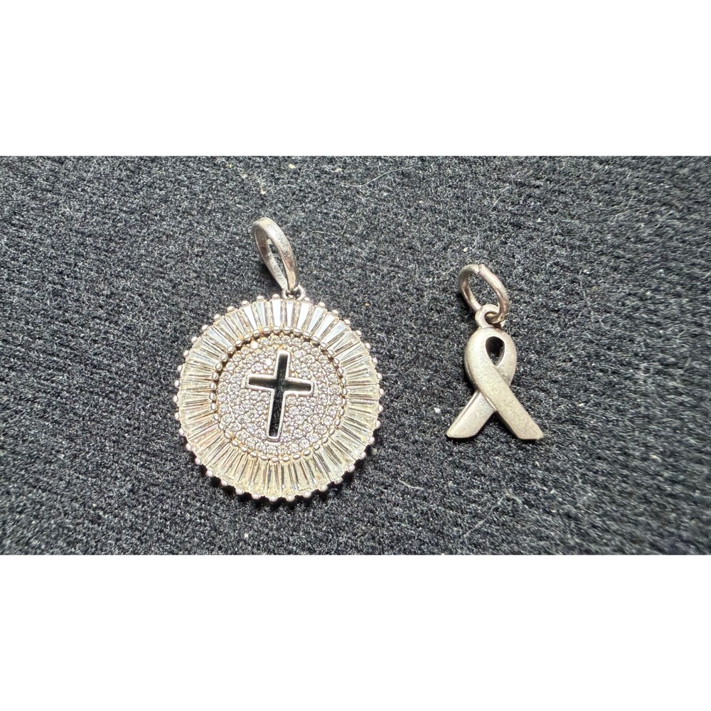 925 Sterling Silver Cross‎ Sunburst Pendant and Awareness Ribbon Charm Set